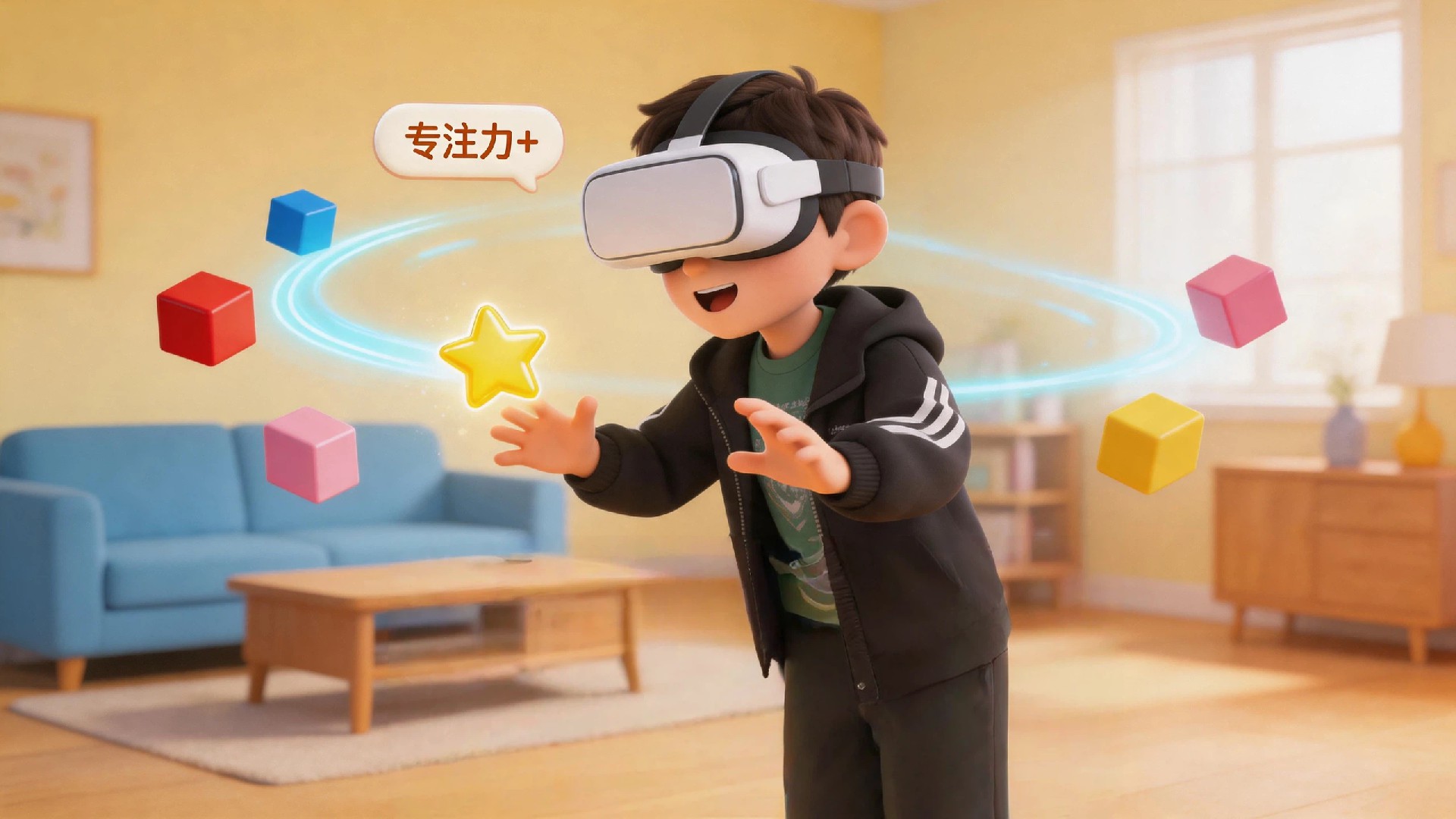 1780311396815870.jpg jimeng-2026-05-20-7460-明亮活泼的3D卡通渲染风格。一个8岁左右的男孩戴着VR头显(如参考图),站在家中....jpg