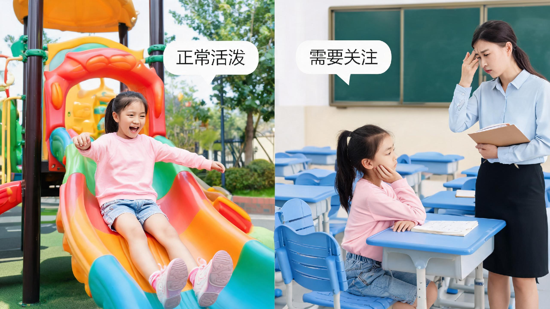jimeng-2026-06-26-5215-左右分屏对比构图，左侧：一个中国小女孩在游乐场滑梯上开心玩耍，表情活泼自然，标注....png
