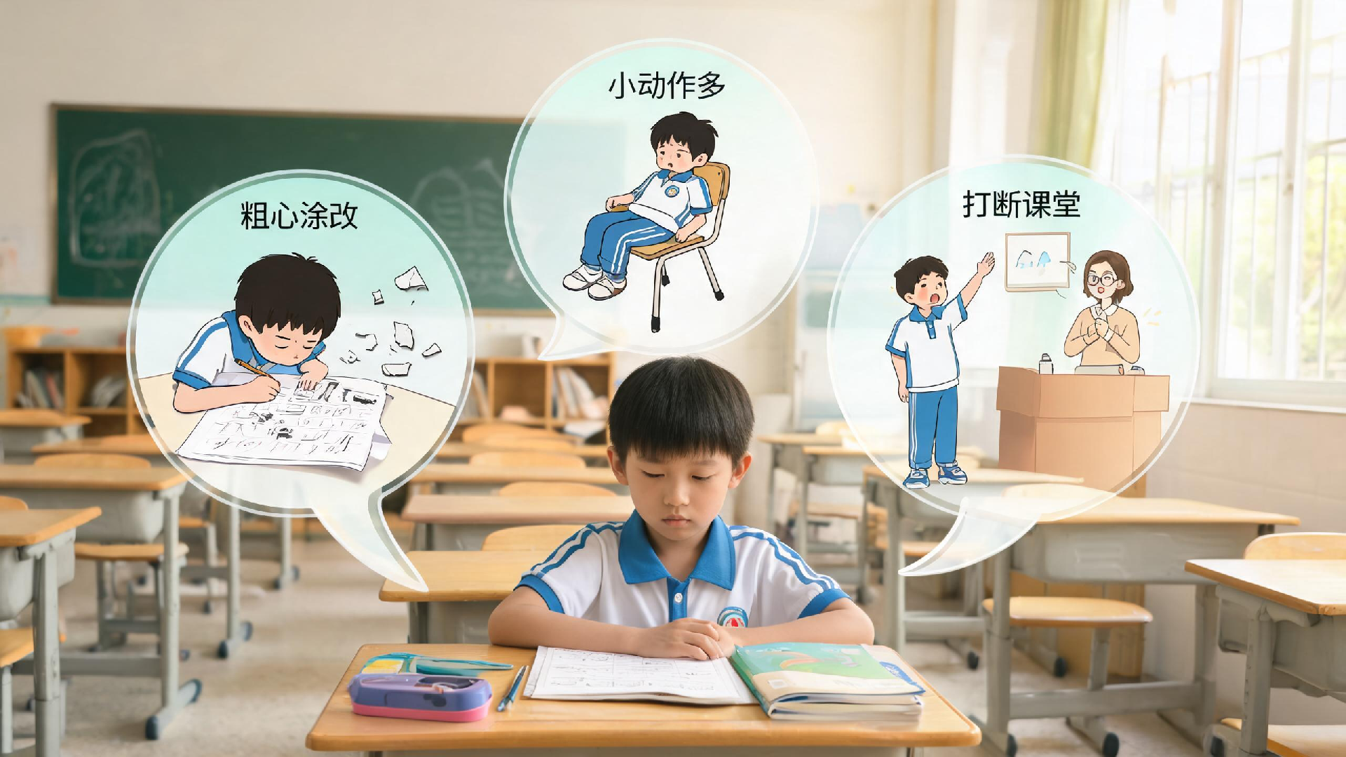 jimeng-2026-06-26-6787-一个中国小学生男孩坐在课桌前，画面用三个半透明气泡分别展示他的三种状态：第一个气....png